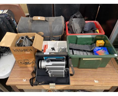 AN ASSORTMENT OF ITEMS TO INCLUDE A YASHIC A 8MM EDITOR, A SANKYO SUPER CME 440 CAMERA AND VHS TAPES ETC 