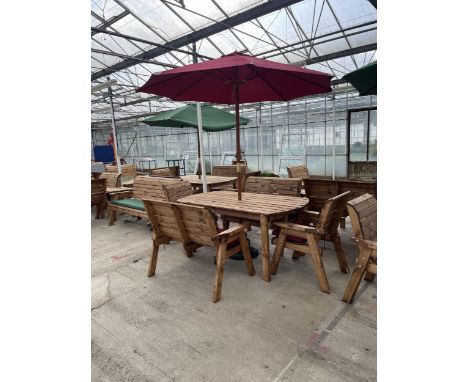 AN AS NEW EX DISPLAY CHARLES TAYLOR PATIO SET COMPRISING OF AN OBLONG TABLE, TWO CHAIRS, TWO BENCHES, PARASOL AND BASE *PLEAS