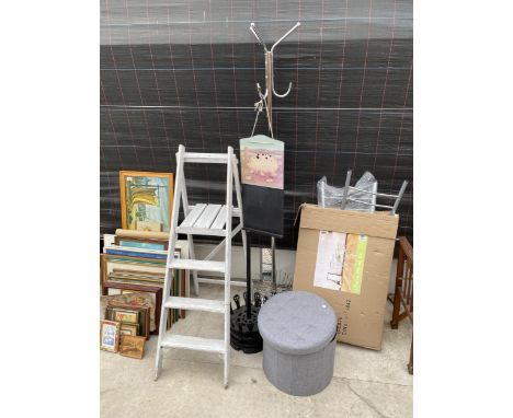AN ASSORTMENT OF ITEMS TO INCLUDE A WOODEN STEP LADDER, A COAT STAND AND TABLE AND CHAIRS ETC 