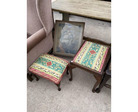 TWO CABRIOLE LEG STOOLS AND A FIRE SCREEN WITH WOOLWORK DECORATION 