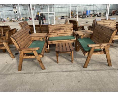 AN AS NEW EX DISPLAY CHARLES TAYLOR PATIO SEATING SET COMPRISING OF THREE TWO SEATER BENCHES, TWO SIDE TABLES AND A COFFEE TA