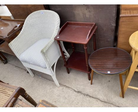 A LLOYD LOOM BEDROOM CHAIR, TWO TIER TELEPHONE TABLE AND 1960'S ROUND TABLE, 15" DIAMETER 