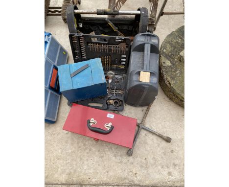 AN ASSORTMENT OF ITEMS TO INCLUDE TOOL BOXES AND A DRILL BIT SET ETC 