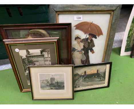 FOUR FRAMED PRINTS PLUS A WATERCOLOUR DEPICTING THE FIRE AT THE PUBLIC HALL, WILMSLOW, DEC 7TH 1921 BY JOYCE WILKINSON 