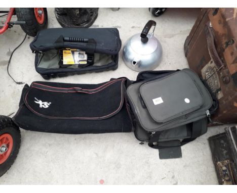 FOUR ITEMS TO INCLUDE AN AS NEW WORKZONE TOOL BAG, A STAINLESS STEEL KETTLE AND TWO FURTHER BAGS 