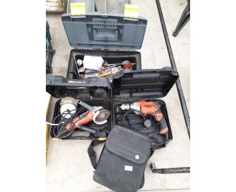 AN ASSORTMENT OF TOOLS TO INCLUDE A BLACK AND DECKER GRINDER AND DRILL AND TOOL BOX 