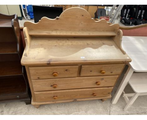 A VICTORIAN STYLE PINE CHEST OF TWO SHORT AND TWO LONG DRAWERS WITH GALLERY BACK AND SHELF, 42" WIDE 