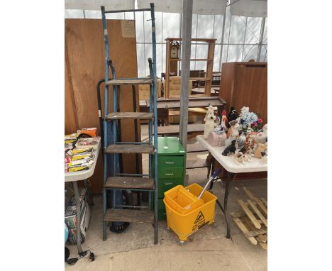 AN ASSORTMENT OF ITEMS TO INCLUDE A FIVE RUNG STEP LADDER, SIX DRAWER FILING CABINET, SACK TRUCK A/F, ETC 