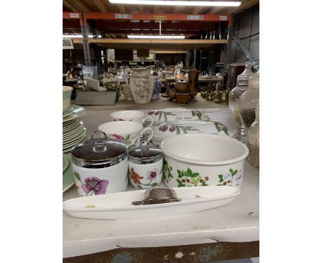 A QUANTITY OF PORTMEIRION SERVING DISHES, TWO ROYAL WORCESTER EGG CODDLERS, TWO ROY KIRKHAM LARGE CHINA CUPS AND SAUCERS, ETC