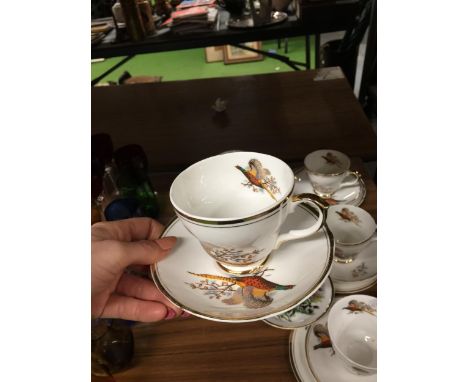A QUANTITY OF SHERIDAN CHINA CUPS, SAUCERS AND SIDE PLATES WITH A PHEASANT DESIGN 
