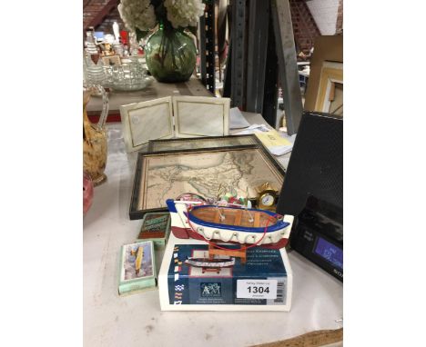 A MIXED LOT TO INCLUDE TWO FRAMED MAPS, PICTURE FRAME, CIGARETTE CARDS, MODEL LIFEBOAT, MINIATURE CARRIAGE CLOCK, ETC., 