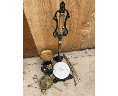 AN ASSORTMENT OF VINTAGE SCALES AND WEIGHTS TO INCLUDE A SET OF BALANCE SCALES, PLATFORM SCALES, BELL WEIGHTS AND A HERBERT H