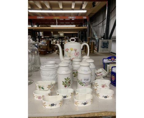 A QUANTITY OF CERAMIC ITEMS TO INCLUDE A WEDGWOOD 'MEADOW SWEET' COFFEE POT, HERB AND SPICE JARS, NAPKIN RINGS, ETC 