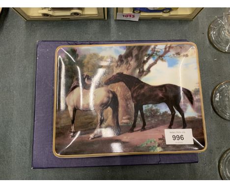 A BOXED ROYAL WORCESTER DARK BAY AND GREY HORSES IN A WOODED LANDSCAPE PLATE 