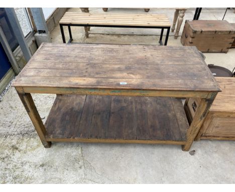 A VINTAGE INDIAN HARDWOOD POTTING TABLE WITH LOWER SHELF 