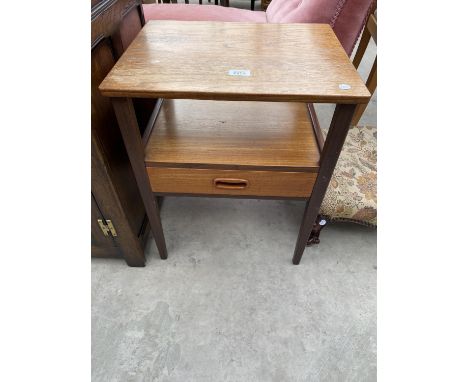 A RETRO TEAK TWO TIER LAMP TABLE WITH SINGLE DRAWER, 18X14.5" 