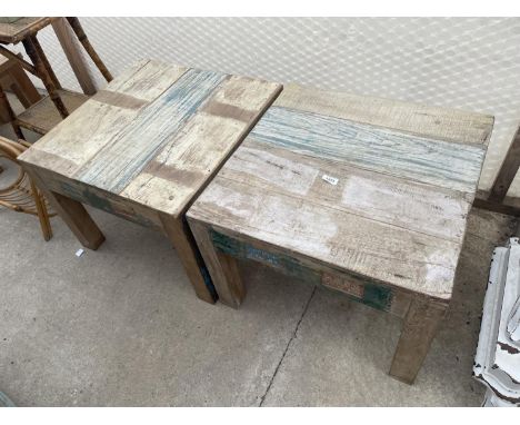 A PAIR OF INDIAN HARDWOOD 24" SQUARE LAMP TABLES 