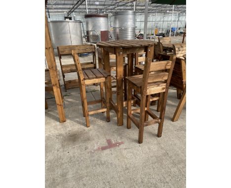 AN AS NEW EX DISPLAY CHARLES TAYLOR PATIO SEATING SET TO ICLUDE A TALL BAR TABLE AND FOUR BAR STOOLS *PLEASE NOTE VAT TO BE C