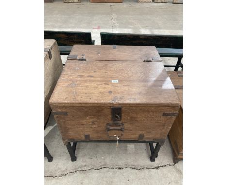 A VINTAGE INDIAN HARDWOOD STORAGE CHEST / BOX ON METAL BASE 