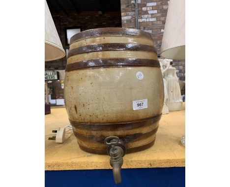 A VINTAGE STONEWARE BARREL WITH A TAP TO THE BASE HEIGHT 31CM 