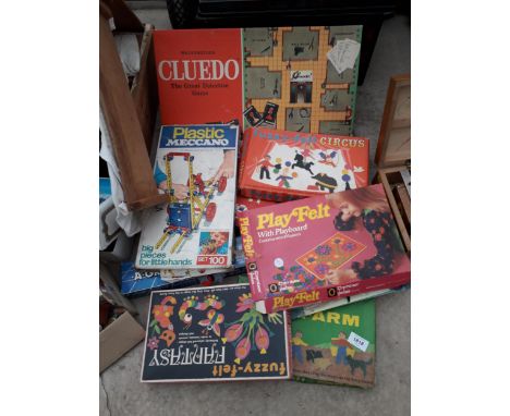 A COLLECTION OF VINTAGE BOARD GAMES TO INCLUDE MECCANO, CLUEDO, ETC 