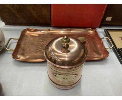A COPPER ARTS AND CRAFTS/ART NOUVEAU TRAY AND A COPPER TEA CADDY 