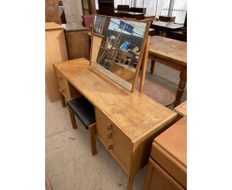 A STAG LIGHT OAK KNEEHOLE DRESSING TABLE, 59" WIDE AND A STOOL 