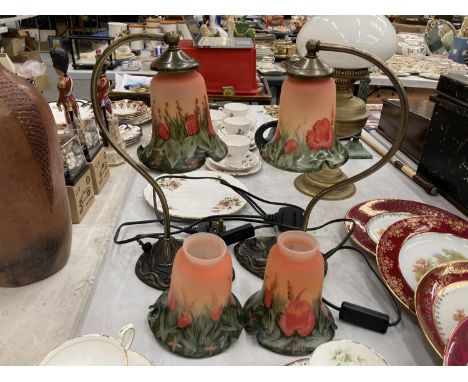 TWO ART NOUVEAU STYLE TABLE LAMPS WITH POPPY LAMP SHADES TO INCLUDE TWO EXTRA SHADES 