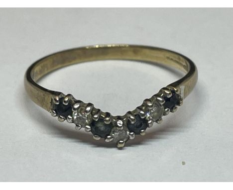 A 9 CARAT GOLD WISHBONE RING WITH SAPPHIRES AND DIAMONDS SIZE N/O 