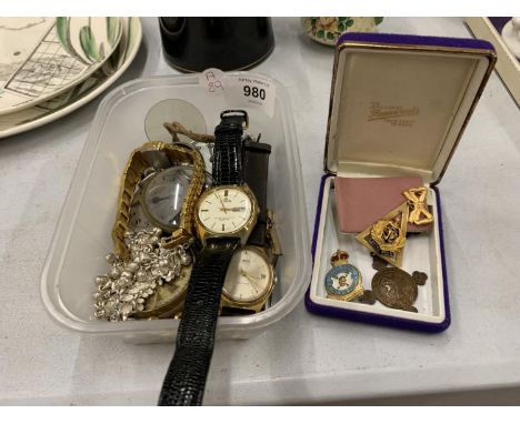 FOUR VINTAGE POCKETWATCHES - ALL A/F, VINTAGE WRISTWATCHES PLUS ROYAL NAVY, R. A. F. AND AMBULANCE BADGES 