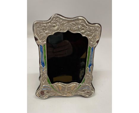 AN ART NOUVEAU STYLE STERLING SILVER AND ENAMEL PHOTO FRAME 