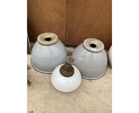 TWO ENAMEL INDUSTRIAL LIGHT SHADES AND A GLASS LIGHT FITTING 