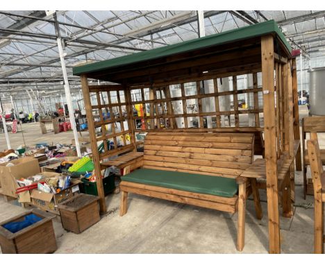 AN AS NEW EX DISPLAY CHARLES TAYLOR THREE SEATER BENCH WITH SIDE TABLES AND TRELIS FRAME *PLEASE NOTE VAT TO BE CHARGED ON TH
