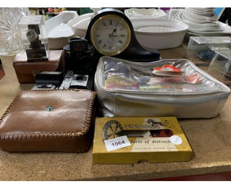 A MIXEDLOT TO INCLUDE A MANTLE CLOCK TWO BOXED WATCHES ONE BEING A SEKONDA, A VINTAGE HANIMEX CAMERA WITH A MIRANDA FLASH, UN