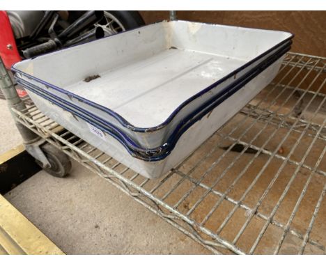 THREE BLUE AND WHITE ENAMEL COOKING TRAYS 