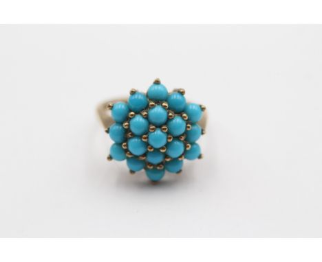 A 9ct gold and turquoise glass cluster ring, 15 x 15mm, K 1/2, 4gm 