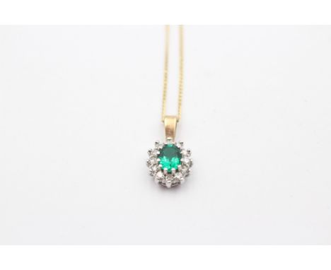A 9ct gold synthetic emerald and diamond cluster pendant, 13mm, chain, 1.6gm 