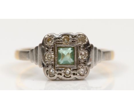 An 18ct gold Art Deco style vintage emerald and diamond ring, Birmingham 1962, I 1/2, 2.4gm 