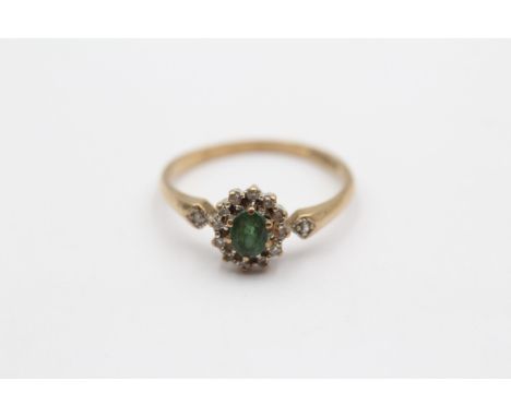 A 9ct gold emerald and diamond cluster ring, R, 2.1gm 