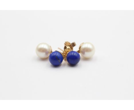 A 9ct gold lapis lazuli and 7mm cultured pearl pair of ear rings 