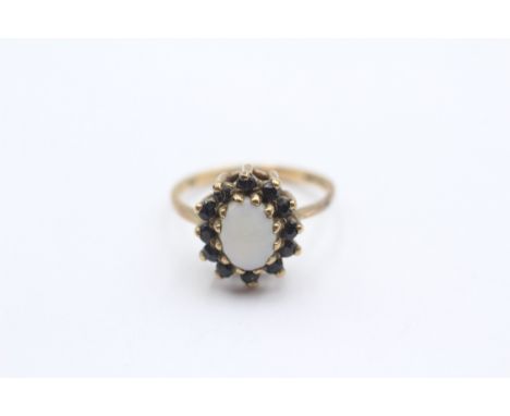 A 9ct gold opal and sapphire cluster ring, N, 3gm 