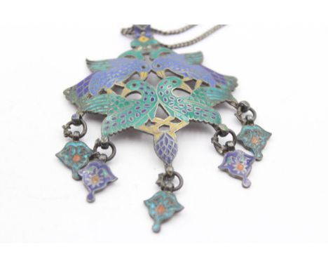 Murlidhar Multan, an Indian Rupee silver and enamel bird pendant, 8 x 6cm, chain, 42gm 