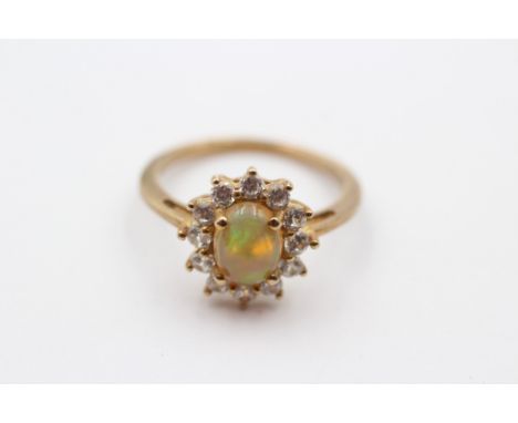 A 9ct gold opal and white stone cluster ring, O, 2.8gm 