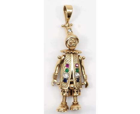 A 9ct gold articulated clown pendant, set with ruby, emerald, white stone and sapphire, 60mm, 14.1gm 