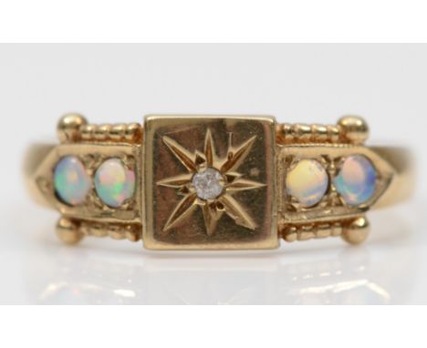 A Victorian style 9ct gold opal and brilliant cut diamond ring, Q, 2.3gm 