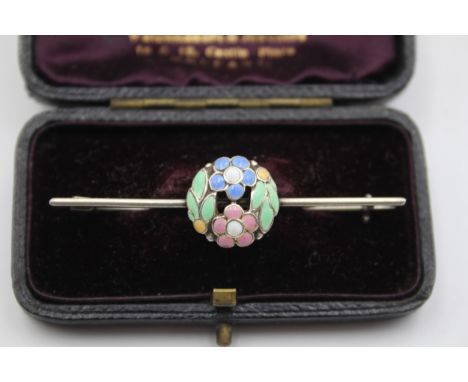 Bernard Instone, a silver and enamel floral bar brooch, signed BI, 56mm, 4gm, case 