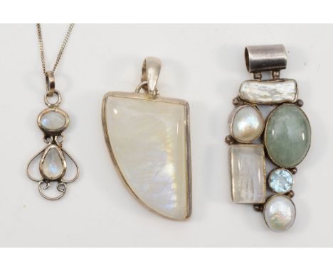 A silver, quartz and pearl pendant,and two other quartz pendants, 5.5cm, 39gm 