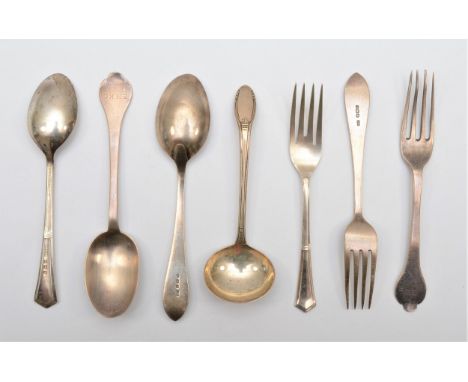 A silver trefid christening spoon and fork, by Mappin &amp; Webb, London 1920, two other christening sets, Birmingham 1923 an