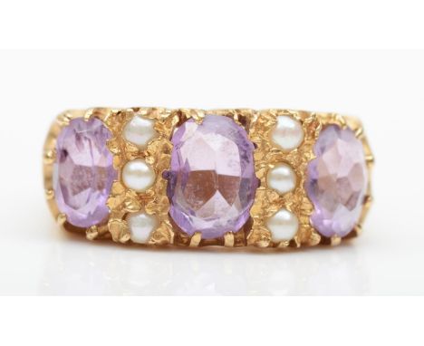 A vintage 9ct gold amethyst and half pearl dress ring, Q, 4.5gm 