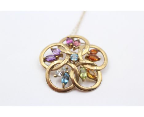 A 9ct gold and multi gemset pendant, amethyst, topaz, citrine and garnet, 25mm, chain, 3.4gm 